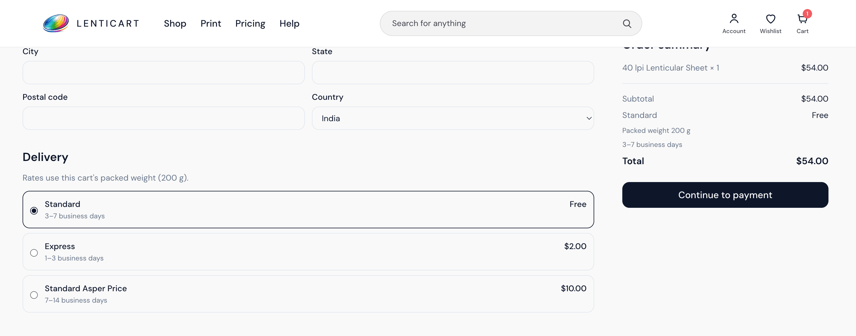 Lenticart checkout page with shipping options and order summary